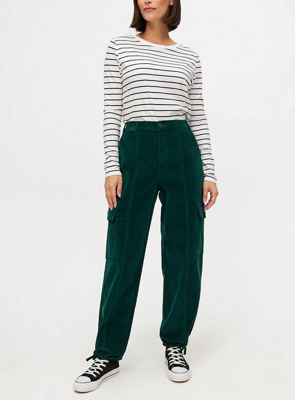 Dark Green Corduroy Cuffed Cargo Trousers  18